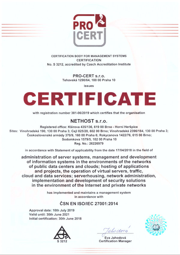 ISO/IEC 27001:2014 Information security management systems, Nethost s.r.o