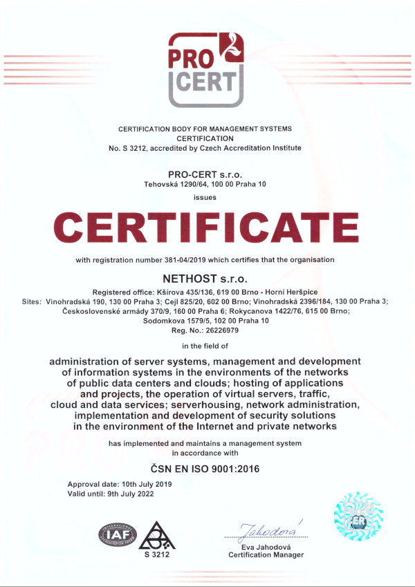 ISO 9001:2016 Quality management system, Nethost s.r.o.